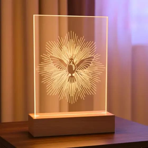Luminária De Mesa Divino Espirito Santo Madeira Decoração Altar Devocional Oracao Para Presente