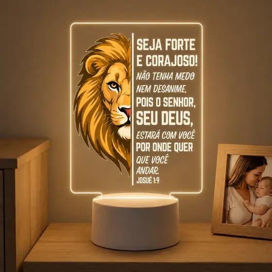 Abajur Seja Forte E Corajoso Colorido Presente para Menino Luminária Leão Evangelico Decoração Quarto