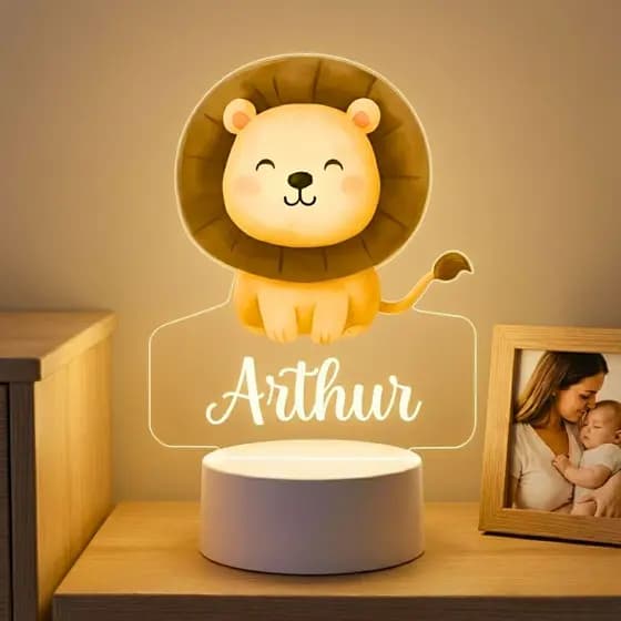 Abajur Quarto Infantil Menino Leao Com Nome Personalizado A Sua Escolha Presente Para Bebê Criativo