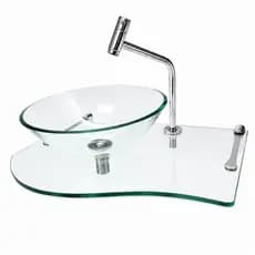 Lavatório de Vidro com Cuba 30cm e Suporte Pelicano | 36x50cm | Incolor Preto Branco