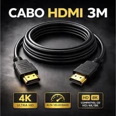 Cabo HDMI 3 Metros 4K Ultra HD 8K Alta Velocidade Reforçado para TV Smart Monitor Notebook PS4 PS5 Xbox PC Ponta Dourada