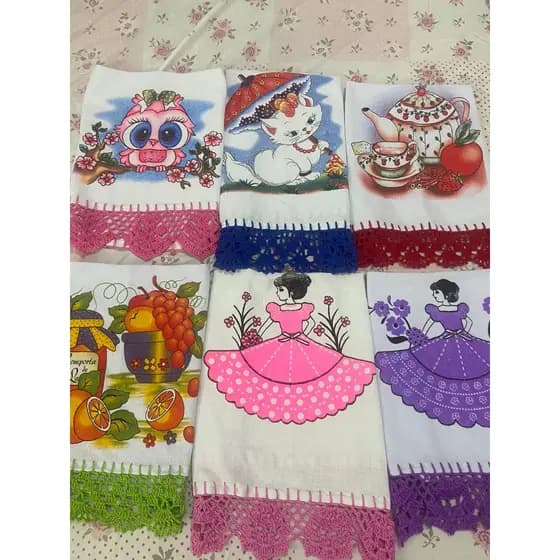 Panos de prato pe de galinha com croche em linha de algodao