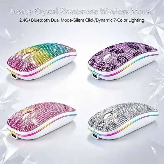 Luxo Cristal Strass Mouse Sem Fio Modo Duplo Recarregável Silencioso RGB Ratos Para Portátil PC Tablet Presente