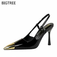 Sapatos Femininos de Salto Alto BIGTREE 2629-1 Estilo Europeu e Americano Festa Stiletto Couro Envernizado Metal Bico Fi