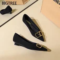Sapatos de Cunha Pretos BIGTREE para Mulheres Estilo Francês Salto Baixo Bico Fino Boca Rasa Moda Camurça Casual Sapatos