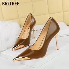 BIGTREE  salto alto novo estilo Retro estilo europeu americano banquete Stiletto Super boca rasa Metal apontou T