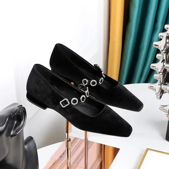 Sapatos Femininos BIGTREE Retro Francês com Decoração de Metal e Strass, Salto Grosso, Bico Quadrado, Boca Rasa, Salto B
