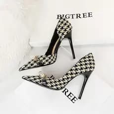 Sapatos Femininos BIGTREE de Salto Alto 2023 Estilo Chanel Boca Rasa Houndstooth Primavera Novo Elegante Arejado Fino Bi
