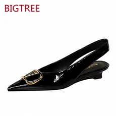 Sandálias de Cunha Pretas BIGTREE Moda Francesa Feminina Salto Baixo Bico Fino Sapatos Casuais Femininos 6600-K117