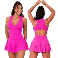 Vestido Macaquinho Saia de Banho Fitness Curto feminino, Decote em V Costas Nuas Maiô Saída de Praia