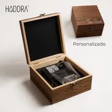 Kit Drink Copo de Wiskhy com Caixa de Madeira Personalizada + Copo de Vidro + Pedras de Gelo Premium