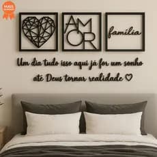 Kit 3 Quadros Cabeceira Família Coração Geométrico Amor + Frase de Parede Variados Sala + 2 Mini aplique coração