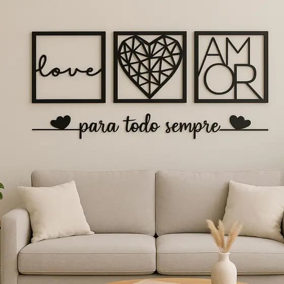 Kit 3 Quadros Love Coração Geométrico Amor + Frase Para Todo Sempre Dois Corações + 2 Mini coração