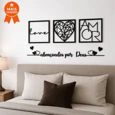 Kit 3 Quadros Cabeceira Amor Coração Geométrico + Frase Parede Abençoados Por Deus + 2 mini coração