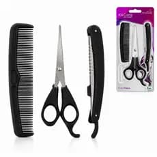 Kit Cabeleireiro Barbeiro Profissional 3 Peças Tesoura Pente Navalhete Corte de Cabelo
