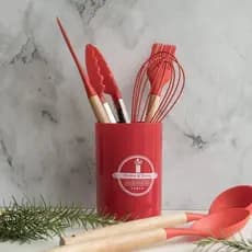 Jogo Utensilios Cozinha Silicone Vermelho Cabo Madeira Funcional Duravel 7 Pecas
