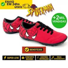 Chuteira Infantil Homem Aranha Society e Futsal Confortável e Reforçada pra Criança Envio Imediato