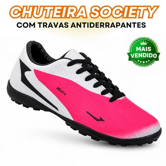 Chuteira Society Adulto Rosa Pink Unissex Confortável Travas Antiderrapante Quadra Sintética Brasil