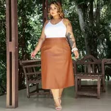 Saia Midi Couro PU Feminina Look Plus Size Festa Lia Rosa Social Curve Couro Fake Outono Casual
