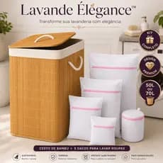 Kit Cesto de Roupas de Bambu com Tampa 50L ou 70L + 5 Sacos para Lavar Roupas | Lavande Élégance™