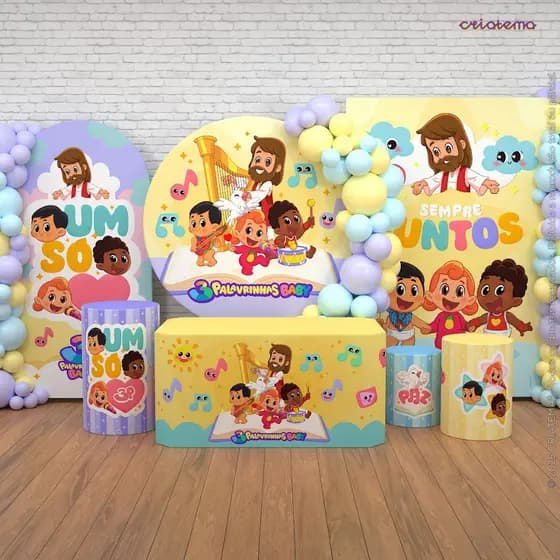 Painel de Festa 3 Palavrinhas + Capa de Cilindro Decoração Infantil Sublimado Em Tecido Veste Fácil