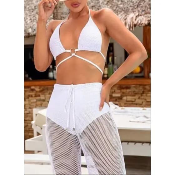Calça Feminina Tela Arrastão Pantalona Moda Praia
