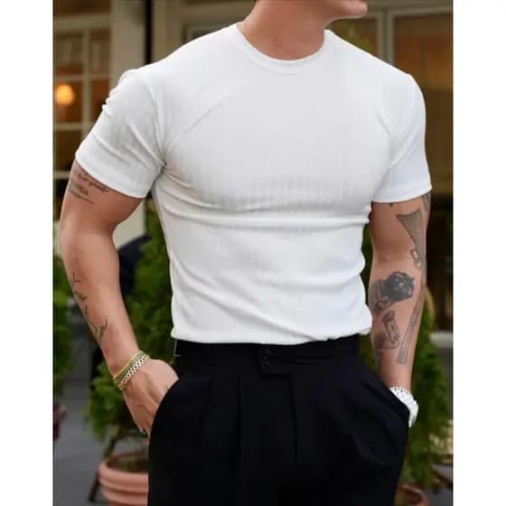 Camiseta Masculina Justo Slim Fit De Malha Canelado Verão