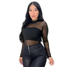 Body Feminino Tule Cropped Faixa Manga Comprida Gola Alta Transparente Confortável Confortável