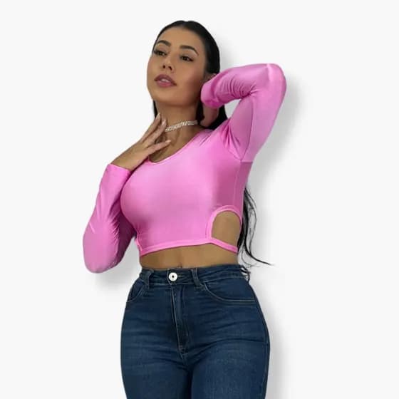 Blusa Feminina Cropped sem Bojo Abertura Lateral com Manga Recorte Top Croped Moda