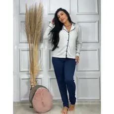 Pijama American Botao Amamentação Blusa e Calça Comprida Manga Blogueira Feminino