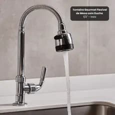 Torneira Gourmet Flexível com Spray e Jato Duplo Inox de Mesa c/ Ducha Alta Pressão Pia de Cozinha Moderna