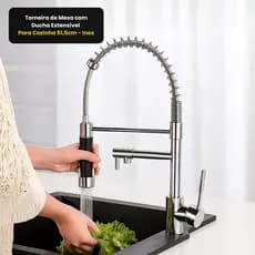 Torneira Gourmet Inox Flexível Cromada Ducha Ajustável e Jato Duplo com Controle Quente e Frio Moderna Cozinha Completa
