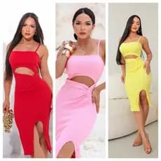 Vestido Midi Feminino Justo com Alça Fina, Recorte na Cintura e Fenda Elegante