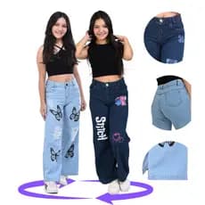 Kit 2 Calças Wide Leg Jeans Infantil Juvenil Meninas Com Desenho