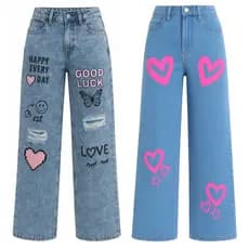 Kit 2 Calças Jeans Wide Leg Estampadas Infantil Juvenil
