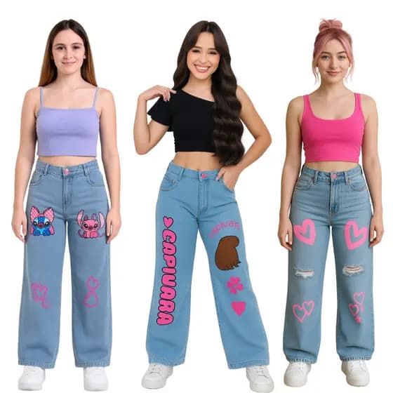 Kit 3 Calças Wide Leg Meninas Infantil e Juvenil Estampada Jeans