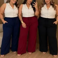 Kit 2 Calça Feminina Pantalona Plus Size Algodão Com Bolso e Elastico na cintura Curvy +