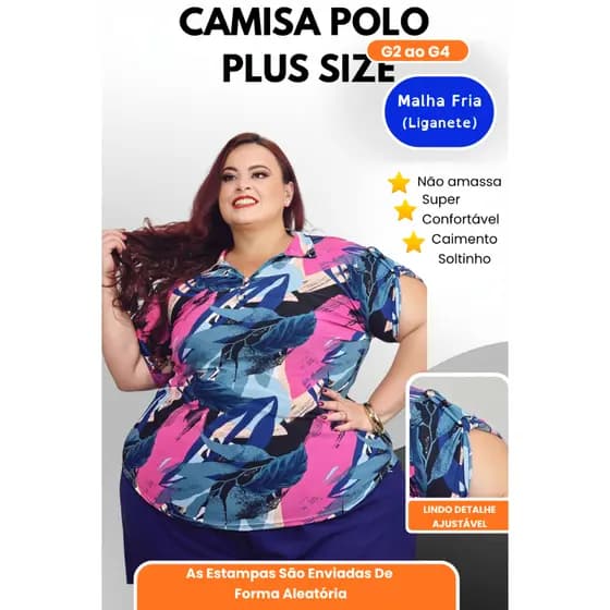 Camisa Polo Feminina Plus Size G2 ao G4 Malha Fria Não Amassa Ajuste Perfeito Estampa Sortida