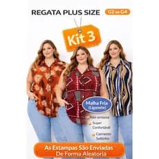 Kit 3 Camisas Feminina Plus Size G2 ao G4 Malha Fria Não Amassa Ajuste Perfeito Estampa Sortida