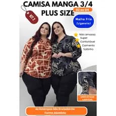 Kit 2 Camisa Plus Size Feminina G2 ao G4 Manga 3/4 Não Amassa Caimento Solto Confortável Estampa Aleatória