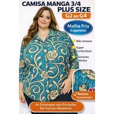 Camisa Plus Size Feminina G2 ao G4 Manga 3/4 Não Amassa Caimento Solto Confortável Estampa Aleatória