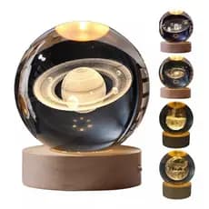 Luminária Bola De Cristal 3d Lua Galáxia Sistema Solar Lua Decoração De Mesa Base Madeira
