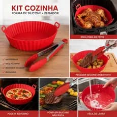 Kit Air Fryer Forma Silicone Vermelha + Pegador Inox Resistente Reutilizável Cozinha Prática