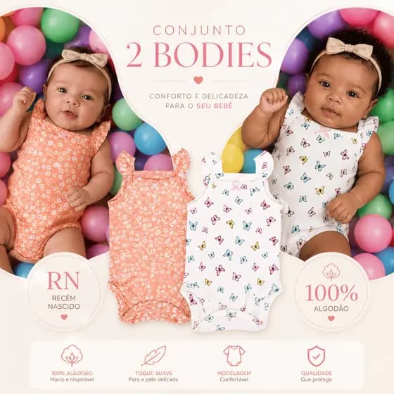 2 peças body para bebês RN 100% algodão | Conjunto Dois Bodies RN menina | Manga curta | Botão de pressão