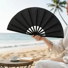 Leque Dobrável Grande Tecido Oxford e Cabo Plástico 64CM Aberto Ventilação Natural Leve Chique Calor