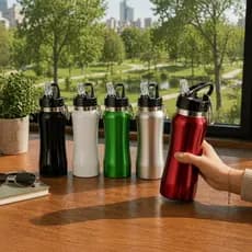 Garrafa Squeeze Inox 500ml Com Tampa Rosqueavél Bico Flip Canudo Mosquetão Acoplado Academia Fitness