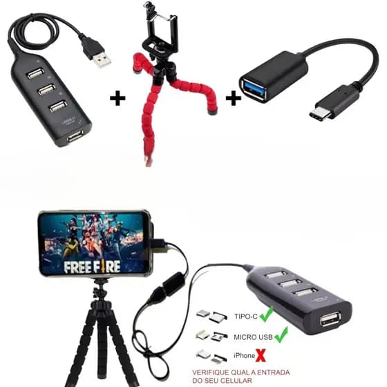 Kit Mobilador Hub 4 Portas USB + Cabo Adaptador OTG Tipo-c e Micro Usb V8 + Mini Suporte De Celular