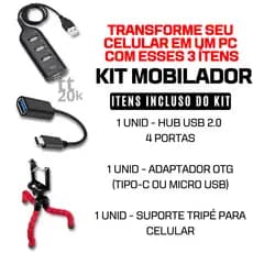 KIT Mobilador de Celular HUB Usb 4 Portas Ultra Rapido + OTG Micro Usb Ou Tipo C + Tripé