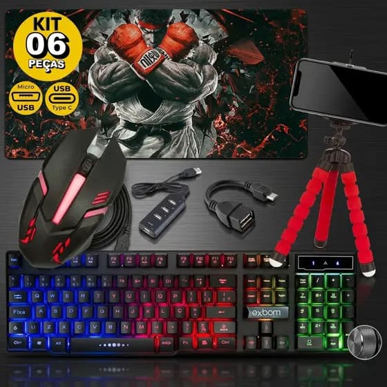 Kit Mobilador Gamer Para Celular Com Teclado Mouse + Tripé , hub e Adaptador C ou V8