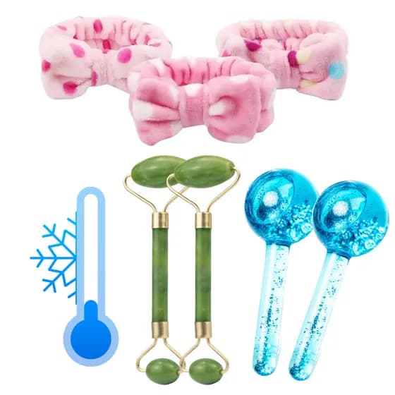 Massageador Facial Jade Rolo anti Rugas + Esfera Crioterapia + Faixa de Laço  de Cabelo Maquiagem